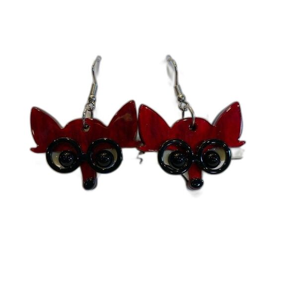 Earrings Red Fox w/ Eye Glasses Cartoon Dangle Whimsical Statement Cartoon FUN - Picture 2 of 7